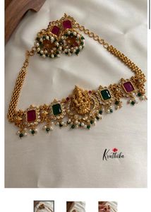 Gold Plated Lakshmi Devi green beads choker