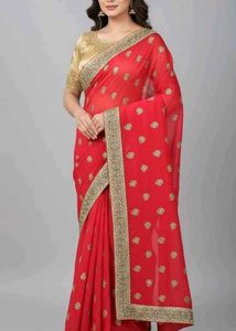 Red Embroidered Saree with 2 matching blouses