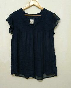 Trendy New Navy Blue Sheer Blouse