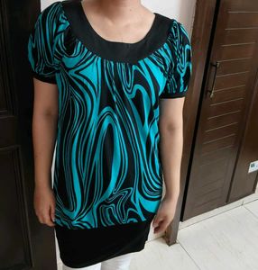 Women Blue Printed Long Casual Top
