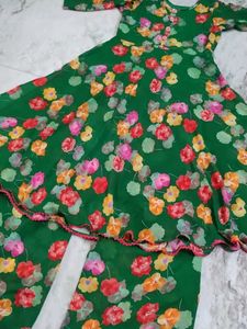 Floral Green Frock Naira Cut With Plazo