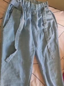 Light Blue High-Waisted Denim Paper Bag Pants