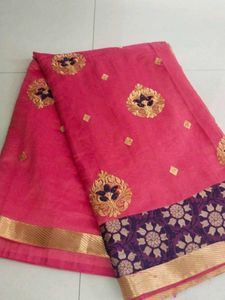 Grand Pink Saree With Gold Zari Embroidery