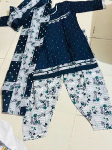 Women Navy Blue Cotton Stitched Suit