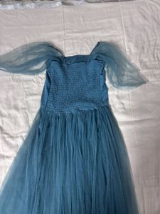 SASSAFRAS BLUE TULLE BARDOT MIDI DRESS