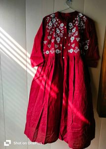 Maroon Embroidered Midi Dress