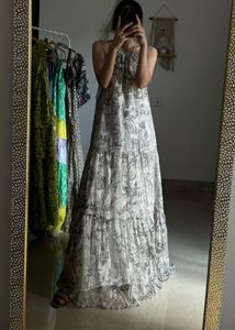 Printed Beige Golden Chiffon Round Neck MAXI