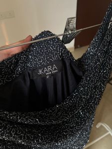 JKARA NAVY BLUE BEADED EVENING GOWN