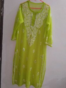 Parrot Green Chikenkari Kurta With Shameez