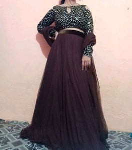 Maroon &amp; Gold Embroidered Cold Shoulder Gown