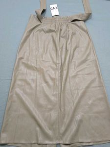 ZARA Khaki Faux Leather Buttoned Skirt with Belt