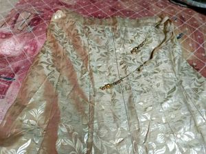 Elegant Red Banarasi Anarkali Set with Golden Moti