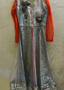 Elegant Silver Embroidered Net Gown Formal Dress