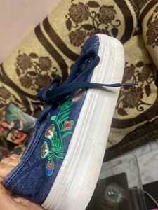 Denim Blue Embroidered Platform Shoes In Size 38