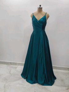 Elegant Teal Satin Gown with Slit