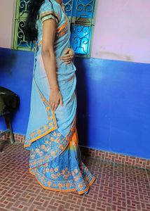 Orange And Silver Colour Saree