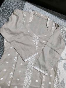 Women Grey Cotton Chikankari Embroidery Suit Set