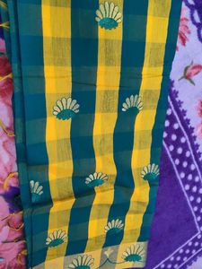 Yellow &amp; Teal Checkered Saree
