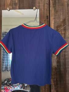 Blue Cotton Blend Crop Top