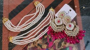 Rani Pink Earrings With Pearl Earchain