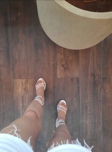 White Strappy Tie Up Block Heels