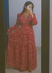 Women Red Crepe V-Neck Floral Print Maxi Dress