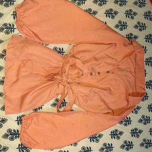 Peach Tie-Waist Blouse & Pants Set