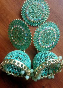 Turquoise Fancy Earrings With Maangtika For Parties