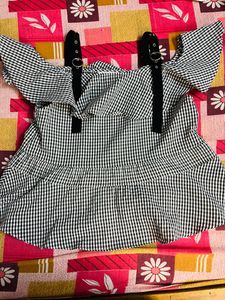 Black And White Check Off Shoulder Top