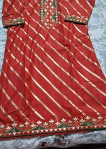 Party Wear Red &amp; Gold Striped Embroidered Kurti