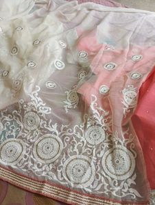 Peach Chiffon Saree with Silver Border