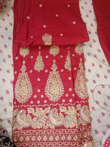 Red Pure Cotton Embroidered Dress Material