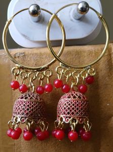 Red Beaded Jhumka Earrings