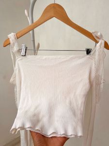 White Lace Shoulder Ribbed Knit Top