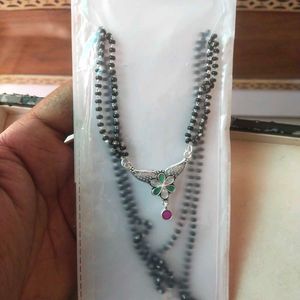 PureSilver Single Line Green&amp;Pink Stone Mangalsutr