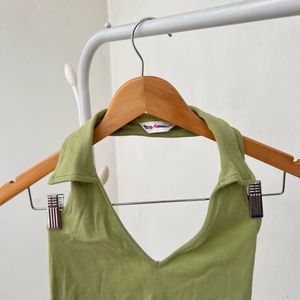 Green Sleeveless Polo Crop Top