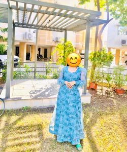 Sea Blue Flared Balloon Sleeves Dress