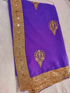 Beautiful Purple Saree With Mirror Work &amp; Blouse