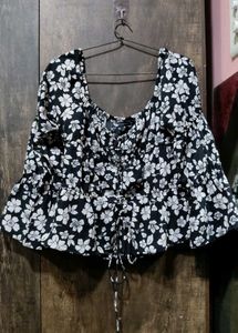 Cute Black Floral Top With Tie-up Knot