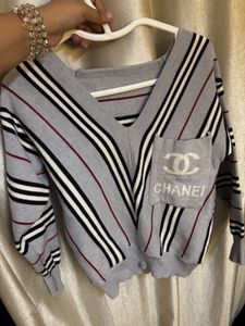 Chanel Striped V-Neck Pullover