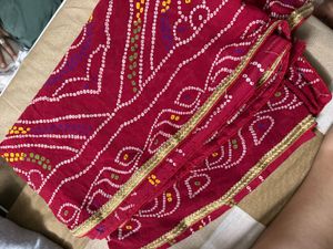 Red Bandhani Saree with Golden Border