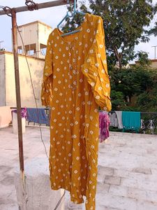 Mustard Kurti with white pattern