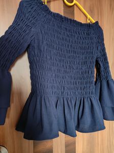 Navy Blue Smocked Peplum Top(Women)