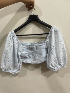 Blue Crop Top With Balloon Sleeves