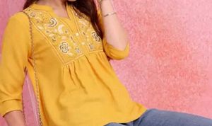 Floral Embroidered Pempulam Yellow Top