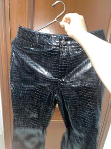 Shiny Black Crocodile-Print Pants