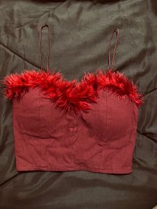 Red Fur Trim Crop Top