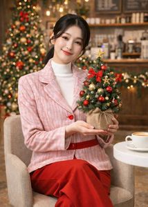 Korean Elegant Red Tweed Blazer