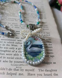 Enchanted Swan Lake Clay Pendant Beadwork Necklace