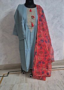 Green &amp; White Embroidered Salwar Kameez